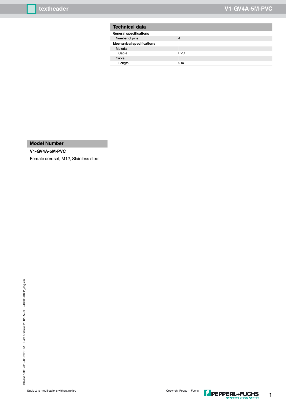 Pepperl Fuchs V1-GV4A-5M-PVC Data Sheet