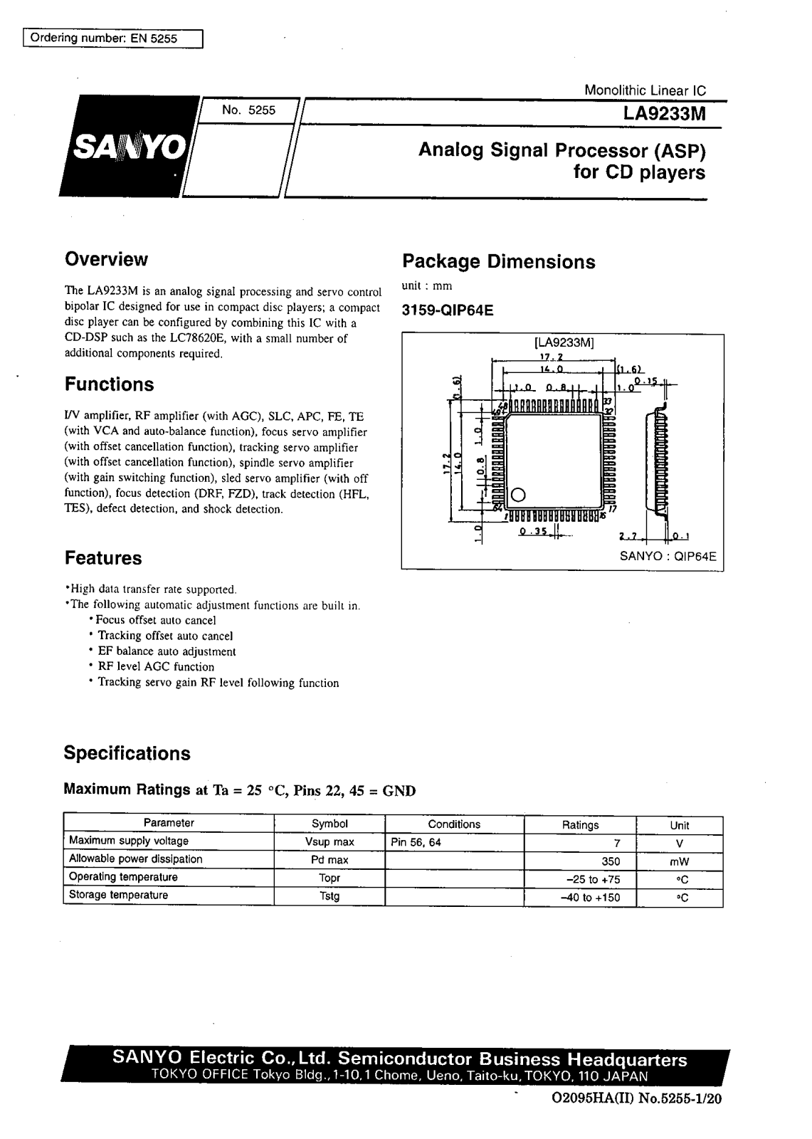 SANYO LA9233M Datasheet