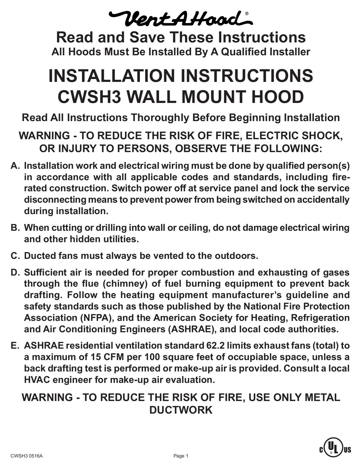 Vent-A-Hood CWSH3 INSTALLATION INSTRUCTIONS AND OPERATION MANUAL