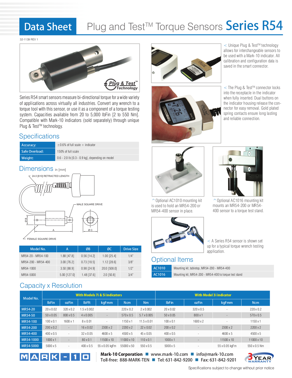 Mark-10 MR54-20, MR54-50, MR54-100, MR54-200, MR54-400 Data Sheet