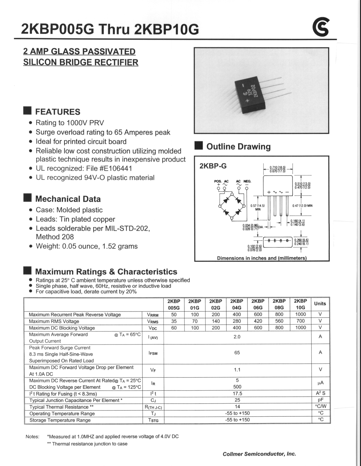 CALLM 2KBP08G, 2KBP10G, 2KBP01G, 2KBP005G Datasheet