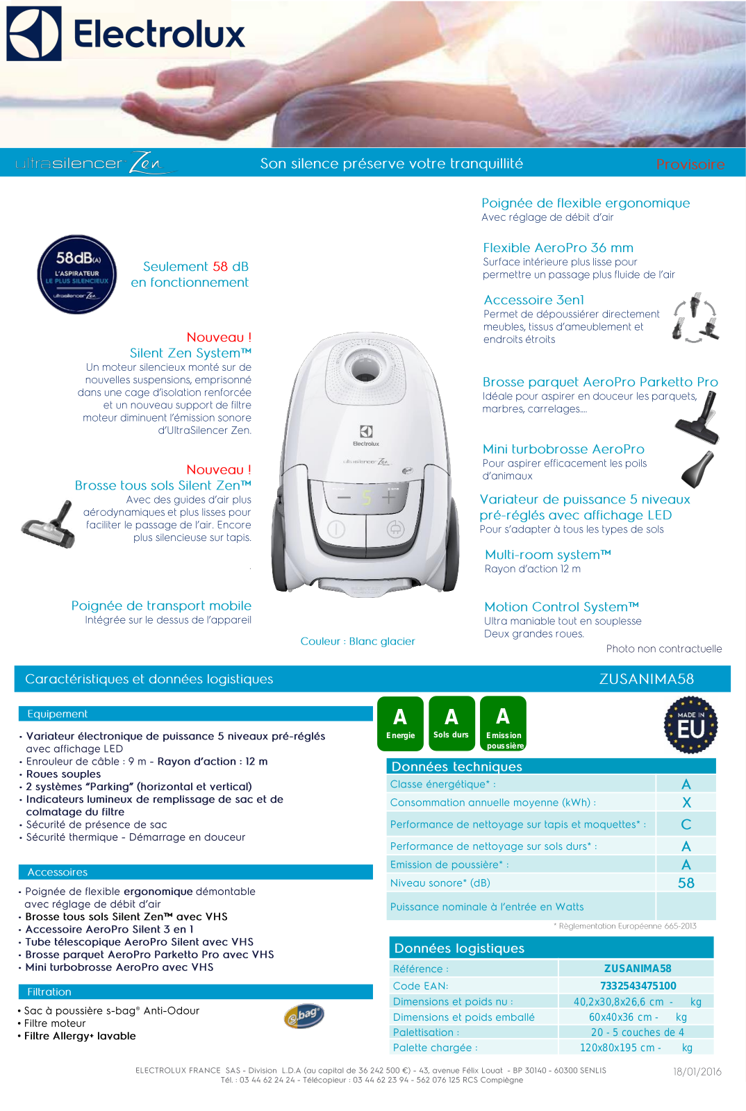 Electrolux ZUSANIMA58 product sheet