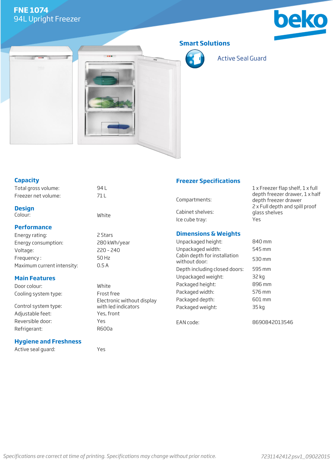 Beko FNE1074 Specifications Sheet