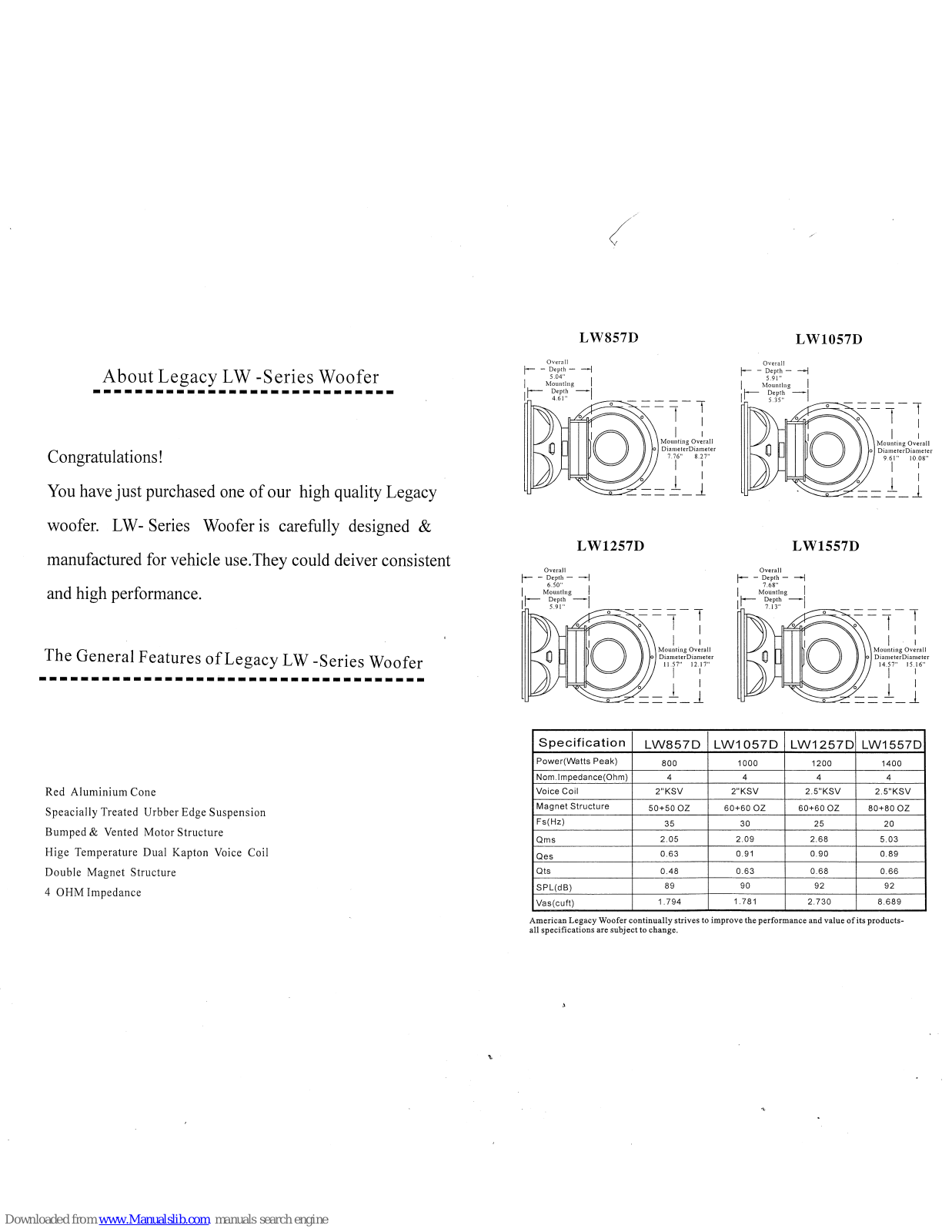 Legacy LW1057D, LW1257D, LW1557D, LW857D Specifications - ManualMachine.com