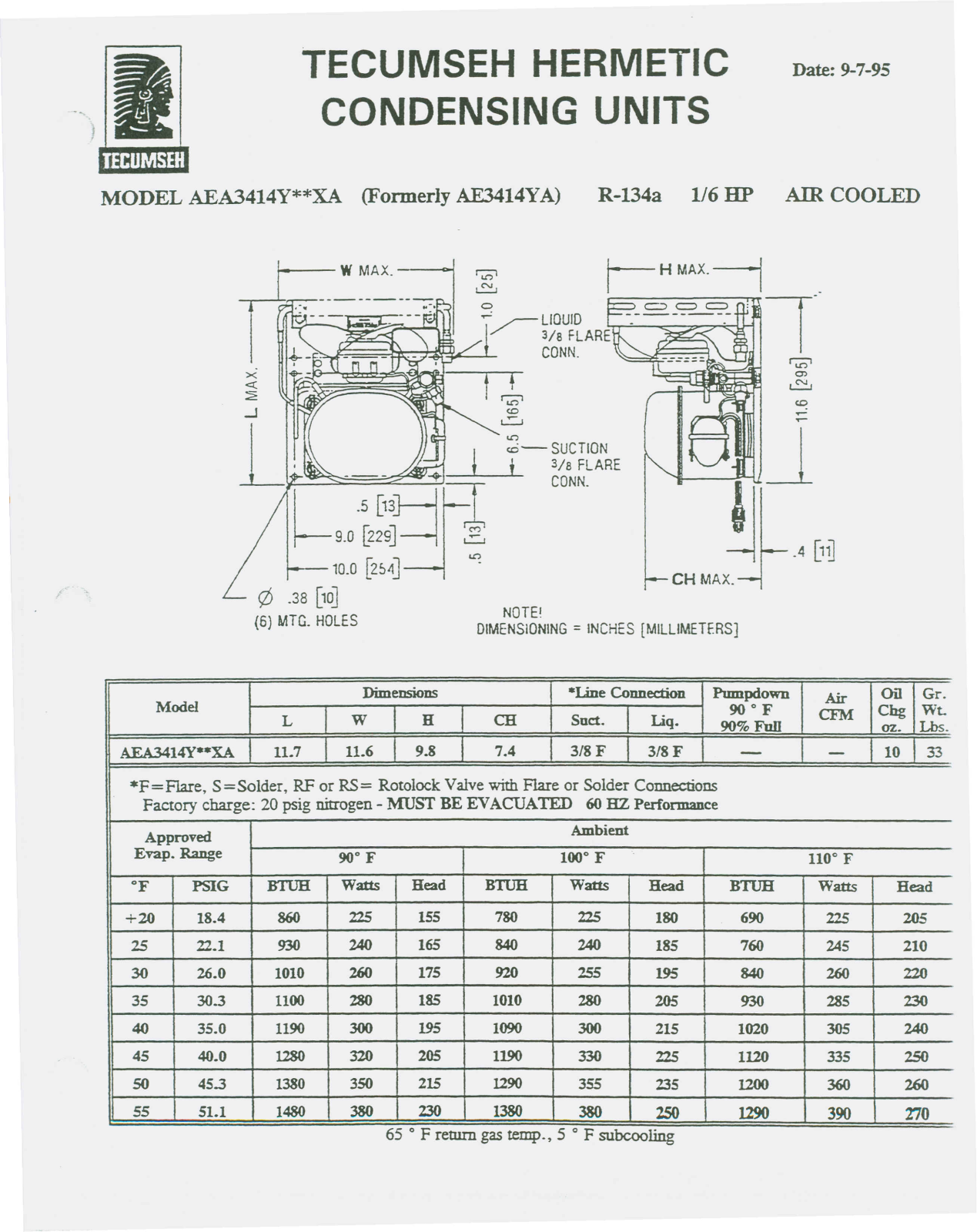 Tecumseh AEA3414YXAXA Performance Data Sheet