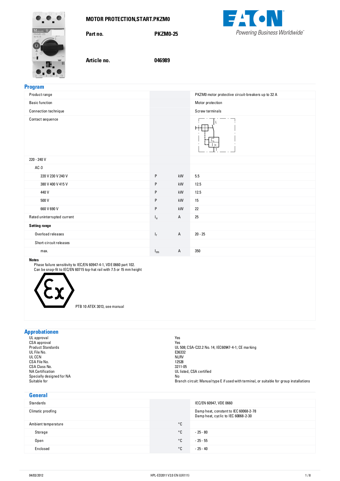 Cutler Hammer, Div of Eaton Corp PKZM0-25 Data Sheet