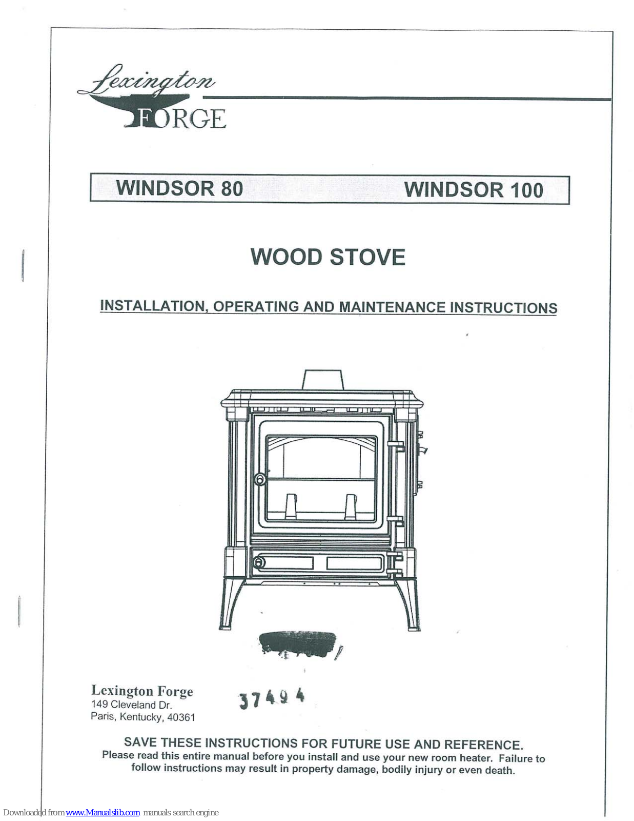 Lexington Forge Windsor 80, Windsor 100 Installation, Operating And Maintenance Instructions