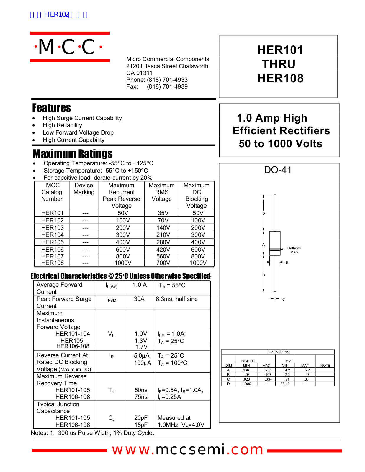 Micro Commercial Components HER101, HER108 Technical data