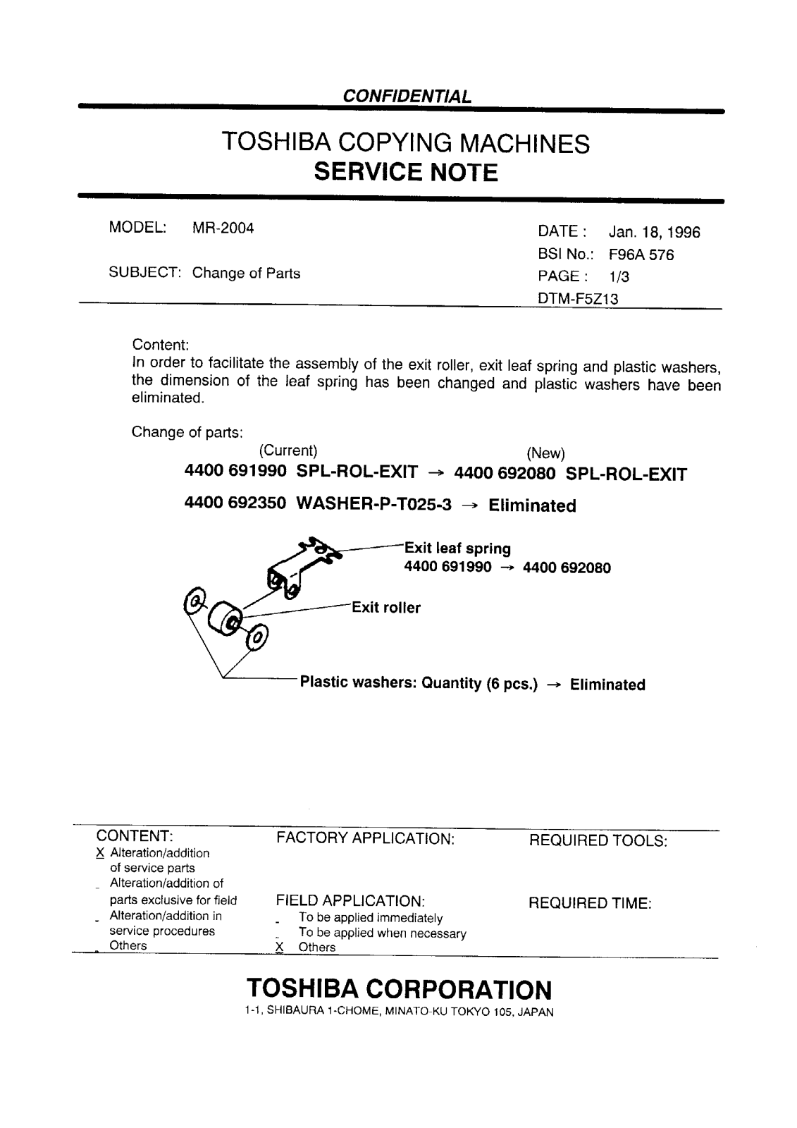 Toshiba f96a576 Service Note