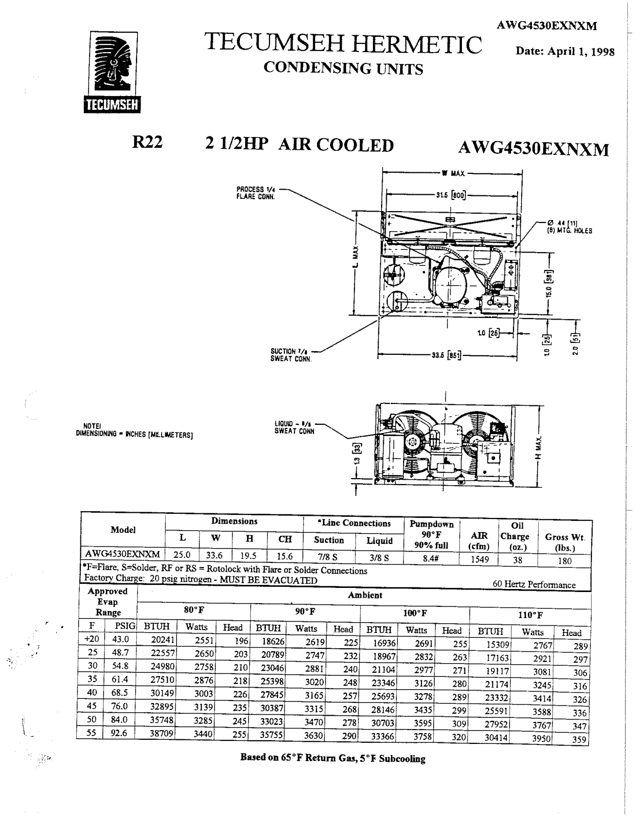 Tecumseh AWG4530EXNXM Performance Data Sheet