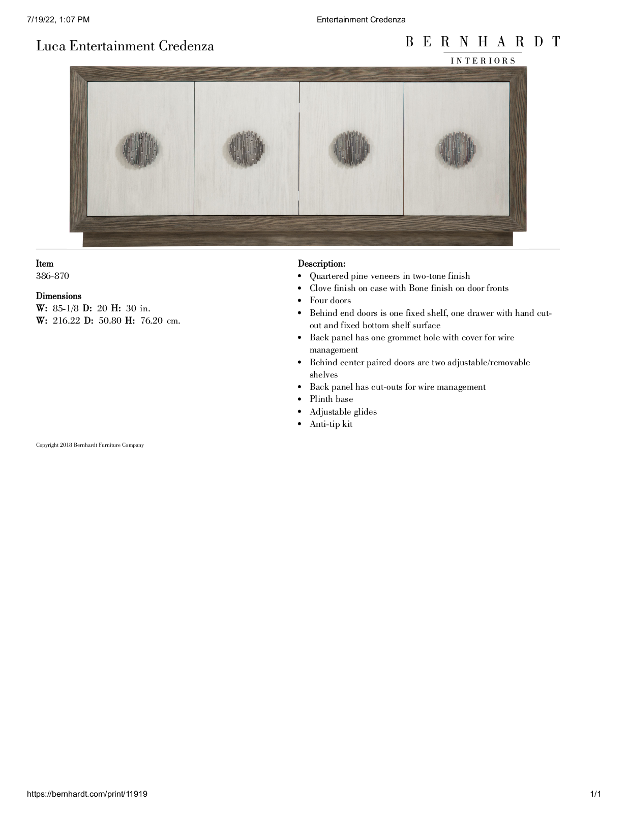 Bernhardt BHT12835 Specifications - ManualMachine.com