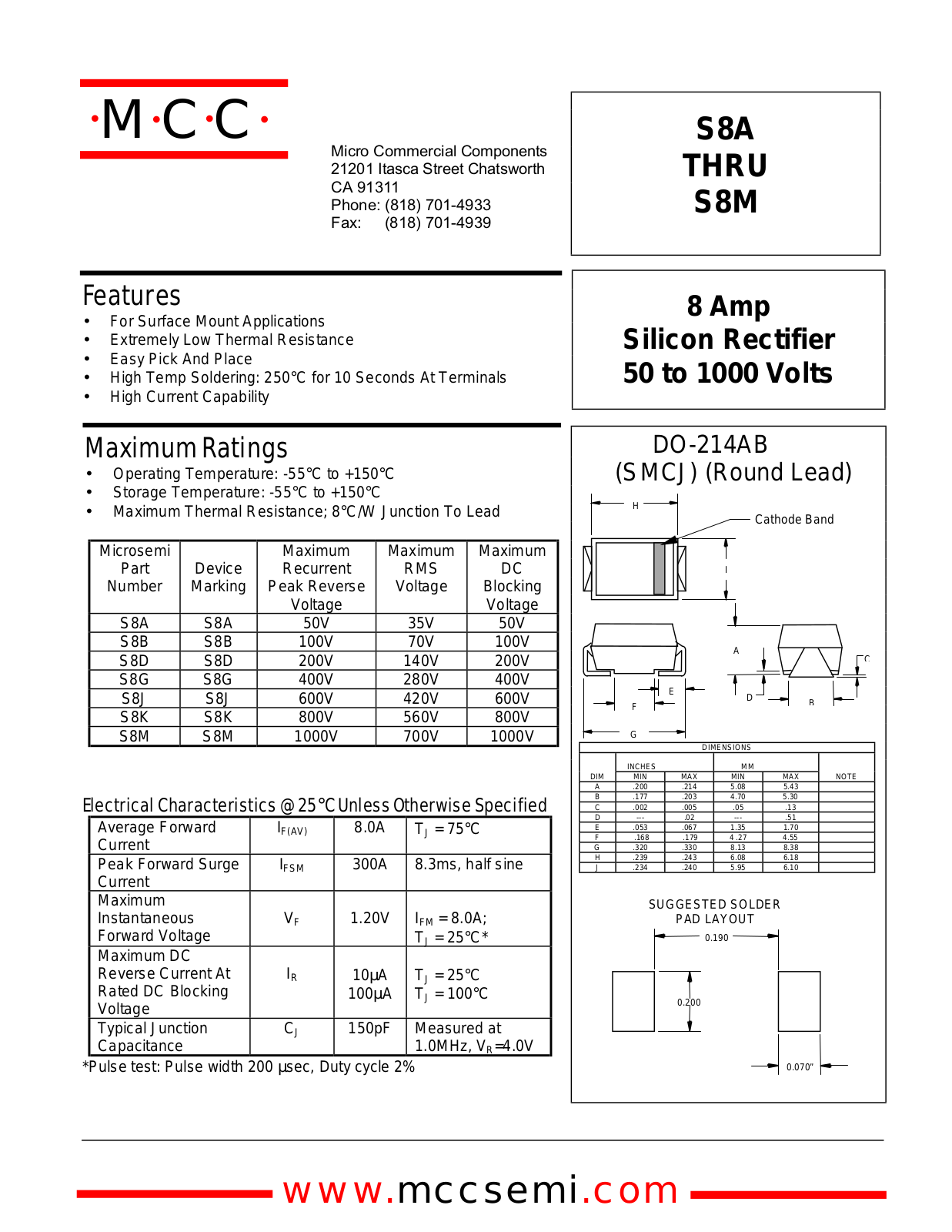 MCC S8A, S8B, S8D, S8G, S8J Datasheet