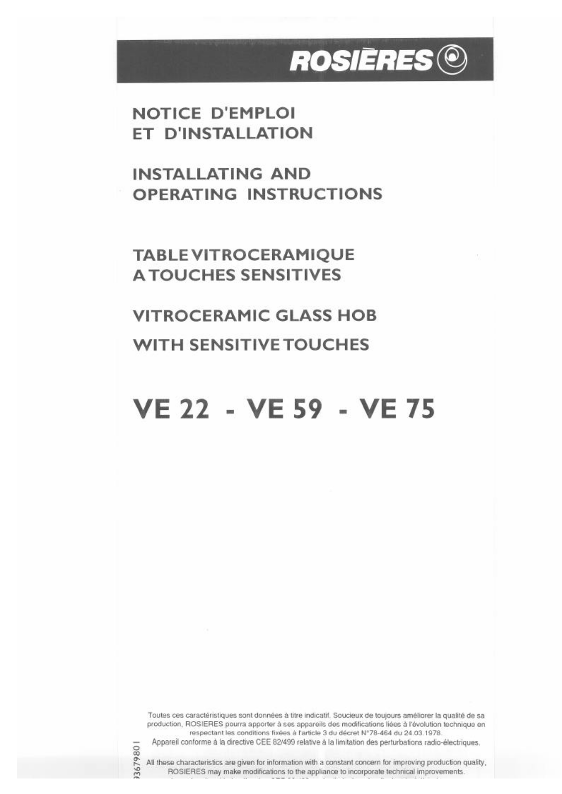 Rosieres VE 59, VE 75, VE 22 User Manual