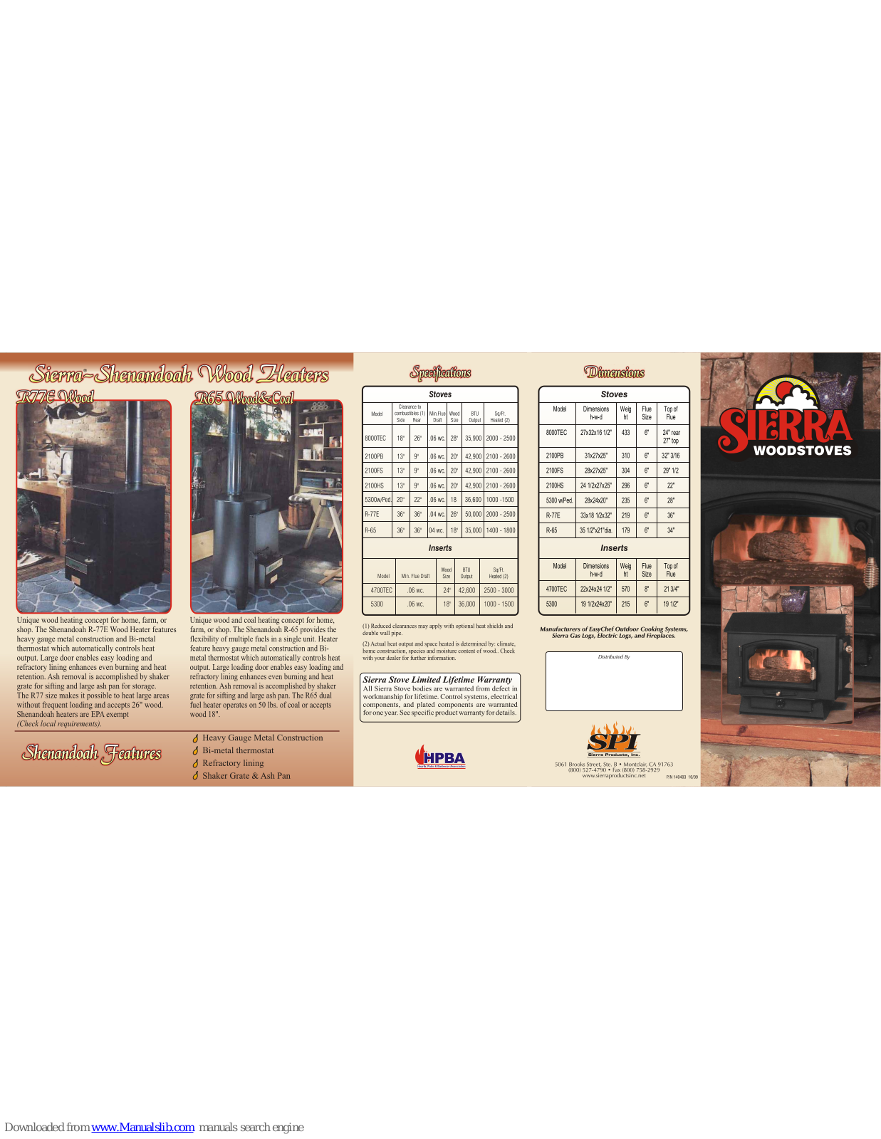 Sierra Products Woodstove, 8000TEC, 2100PB, 2100FS, 2100HS Specifications