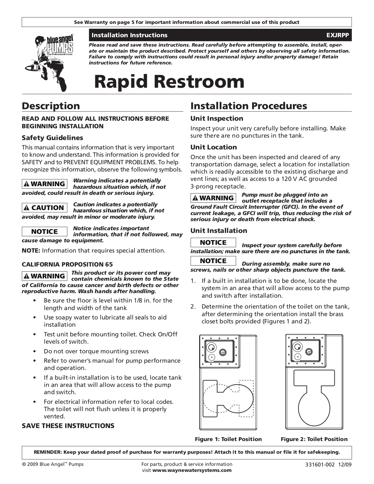 Blue Angel Pumps BEZJRPP50 User Manual