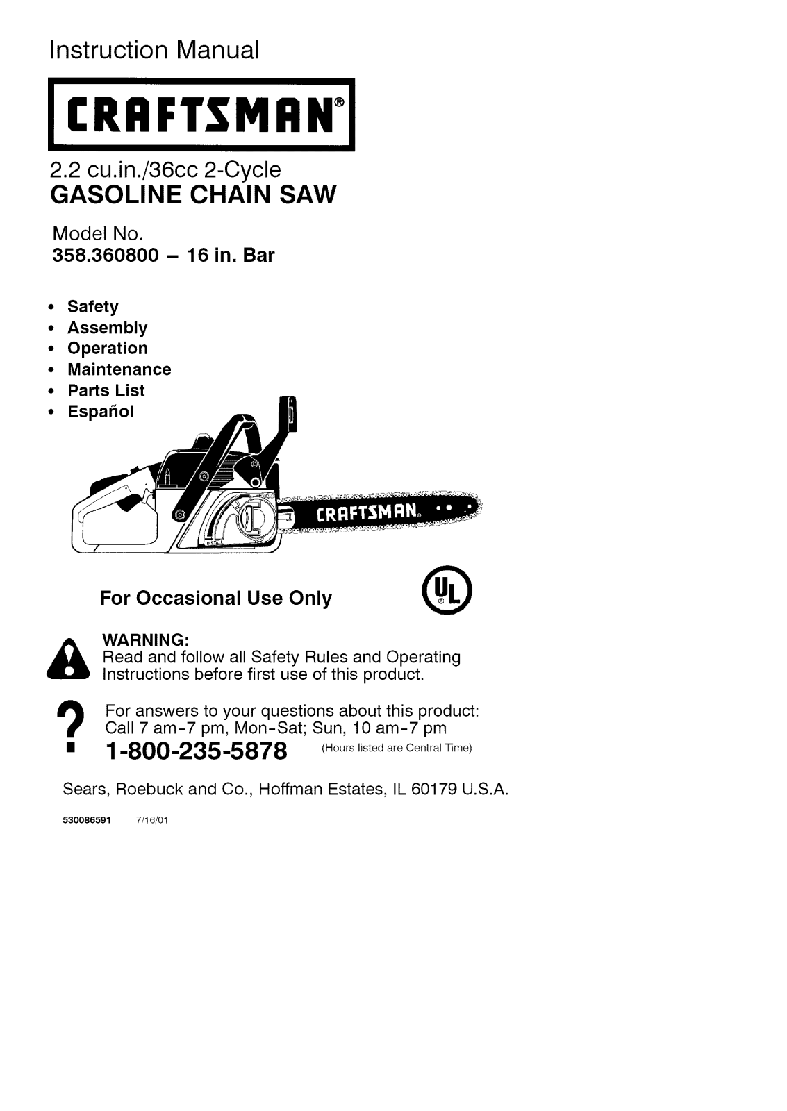 Craftsman 358360800 Owner’s Manual