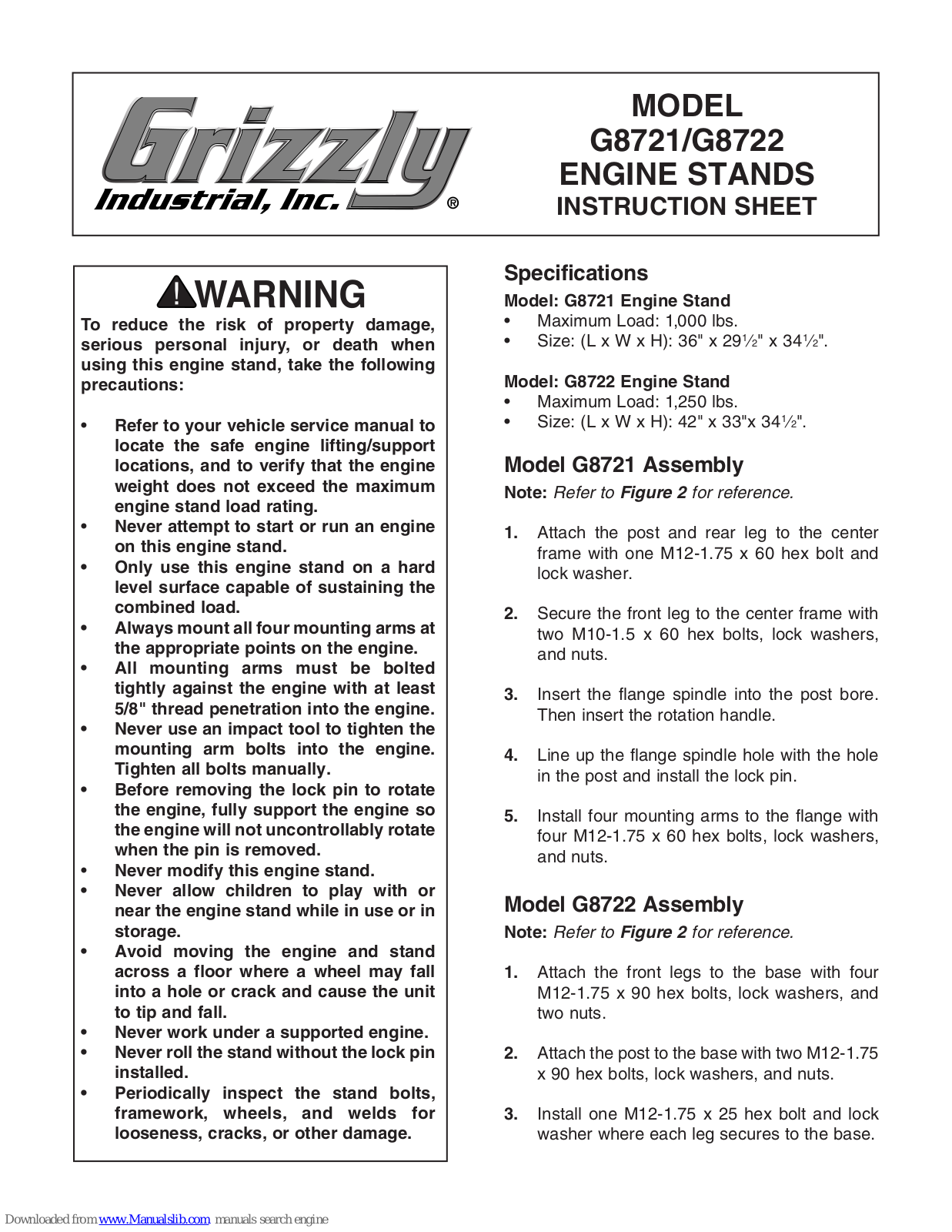 Grizzly Engine Stands G8721/G8722, G8721, G8722 Instruction Sheet