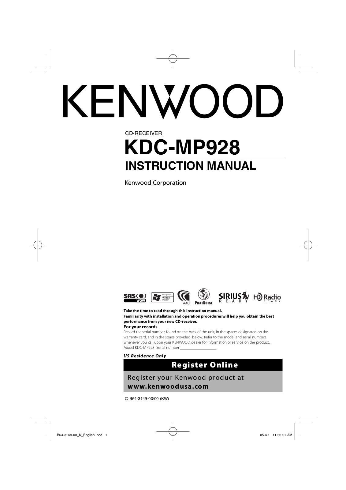 Kenwood KDC-MP928 User Manual