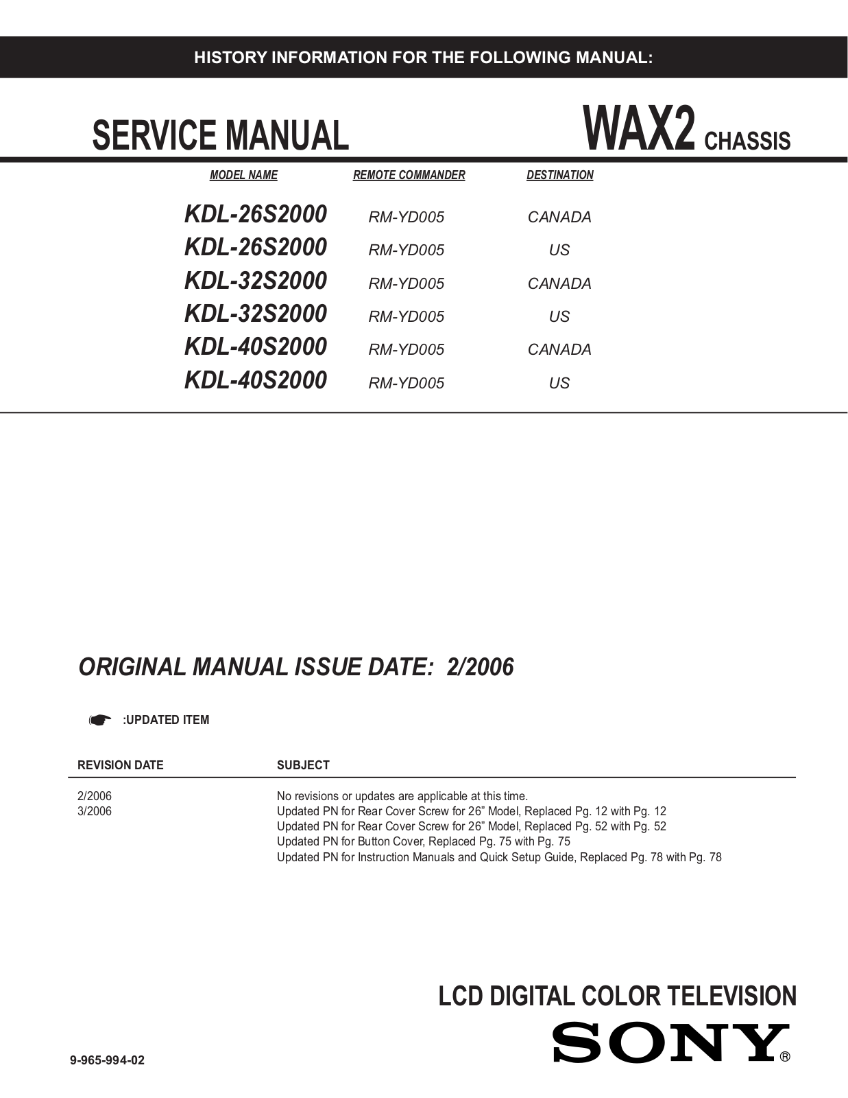 Sony kdl26s2000, kdl32s2000, kdl40s2000 schematic