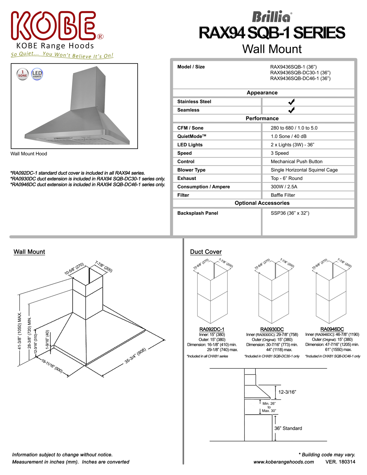 Kobe RAX9436SQBDC301 Specifications