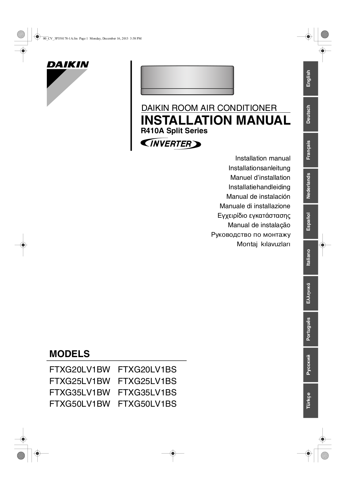 Daikin FTXG20LV1BW, FTXG20LV1BS, FTXG25LV1BW, FTXG25LV1BS, FTXG35LV1BW Installation manual