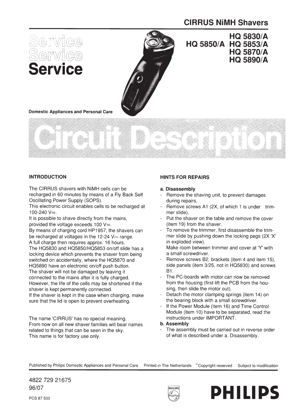 Philips HQ 5890-A, HQ 5853-A, HQ 5870-A, HQ 5830-A, HQ 5850-A Service Manual