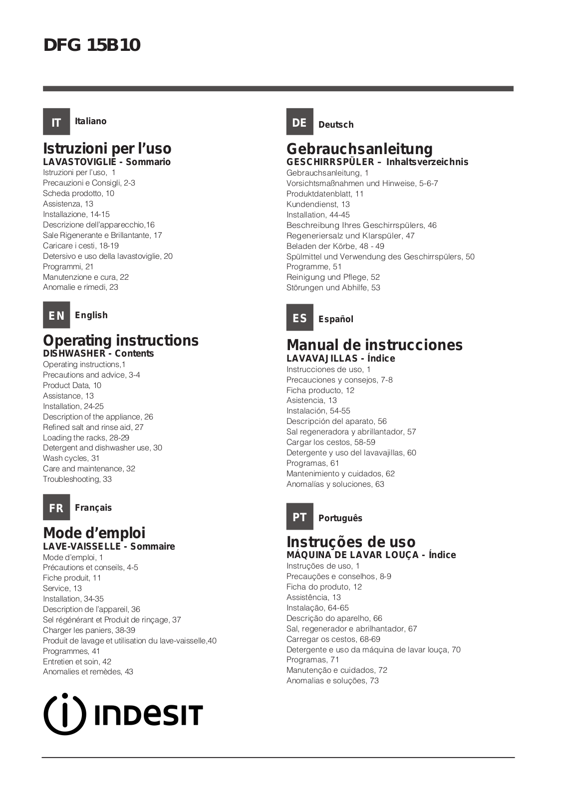 Indesit DFG 15B10 Operating Instructions