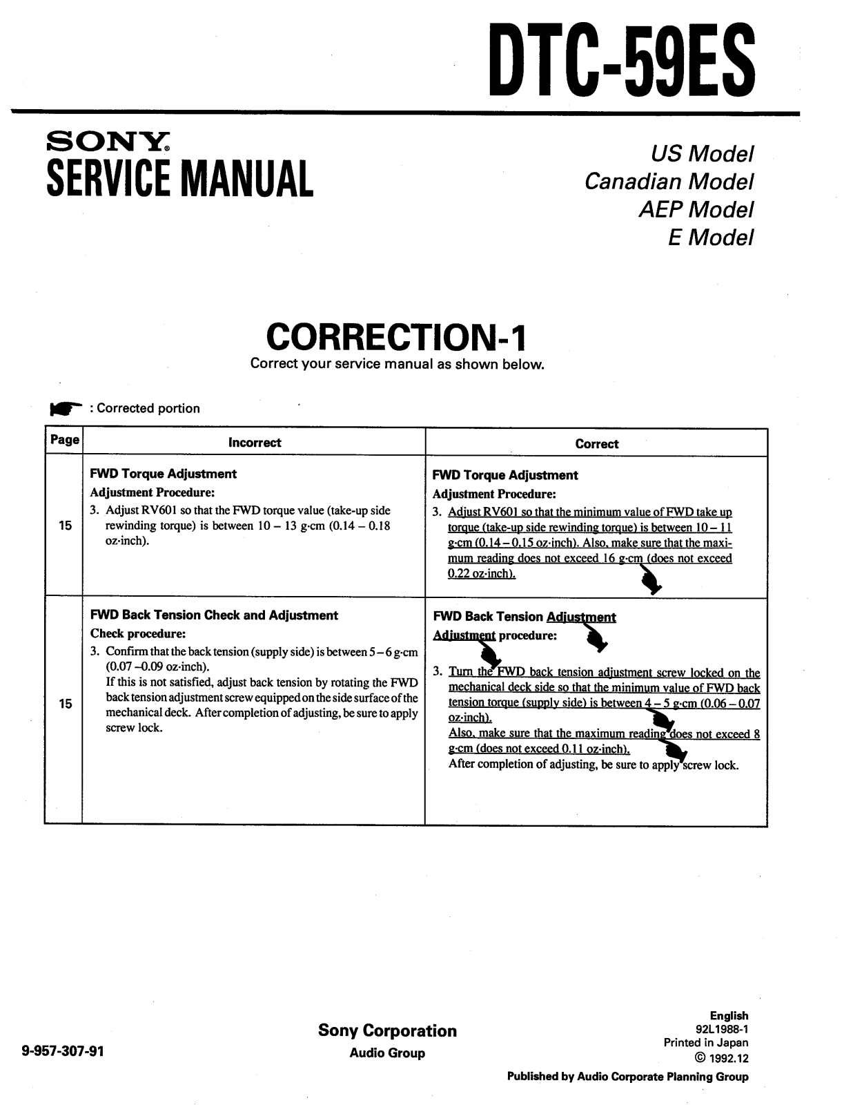 SONY DTC-59ES SERVICE MANUAL correction 1