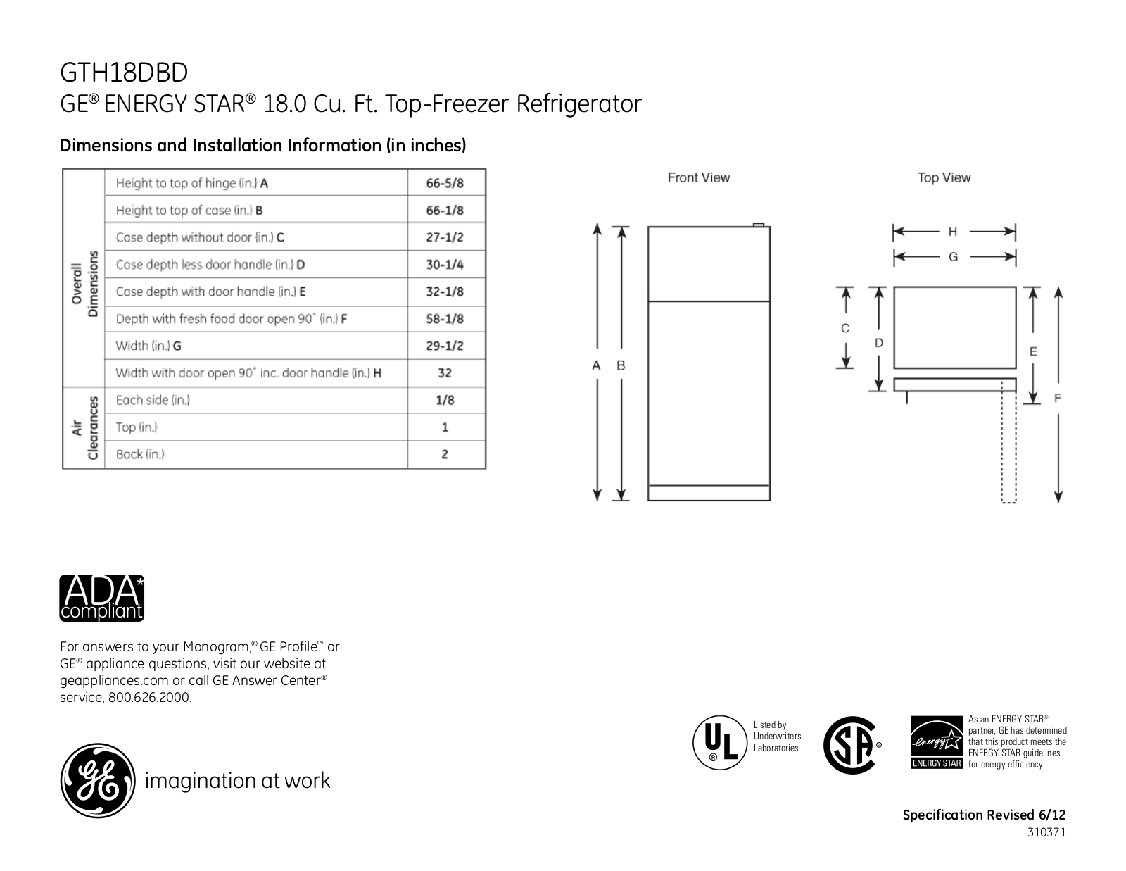 GE GTH18DBD Specification