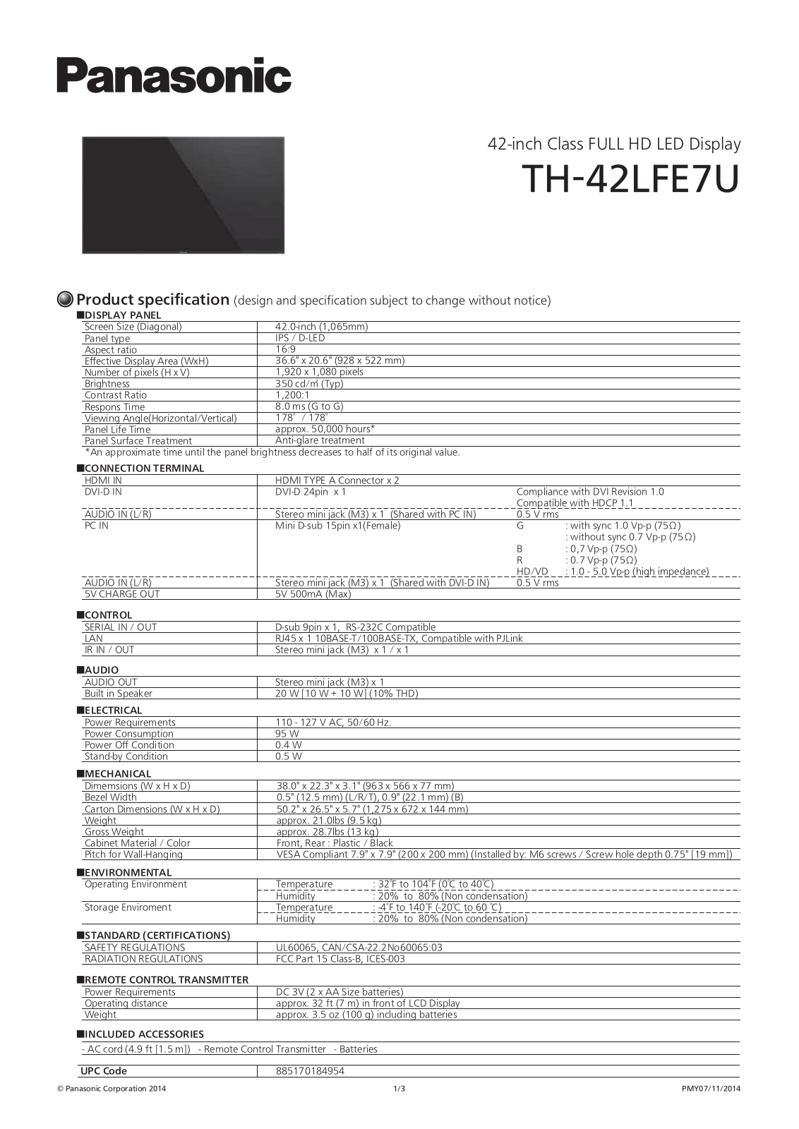 Panasonic TH-42LFE7U Specsheet