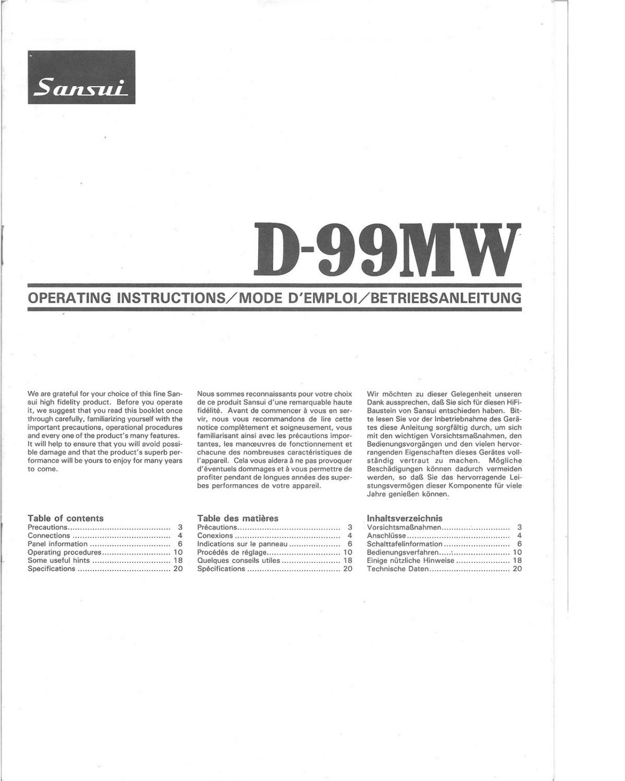 Sansui D-99-MW Owners Manual