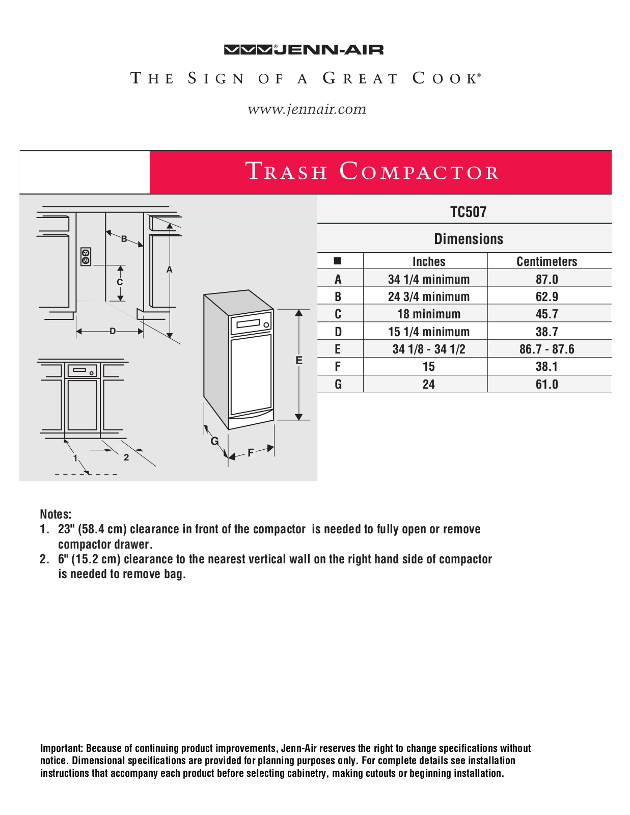 Jenn-Air TC507 Dimension Guide