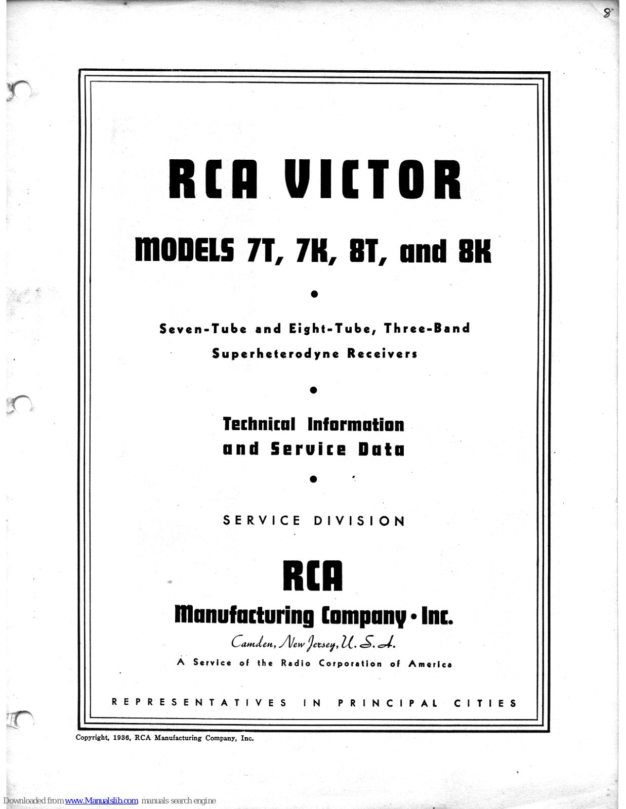 RCA 7T, 7K, 8K, 8T Technical Information And Service Data