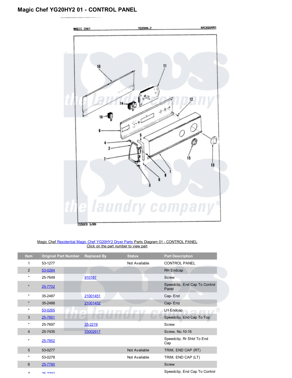 Magic Chef YG20HY2 Parts Diagram