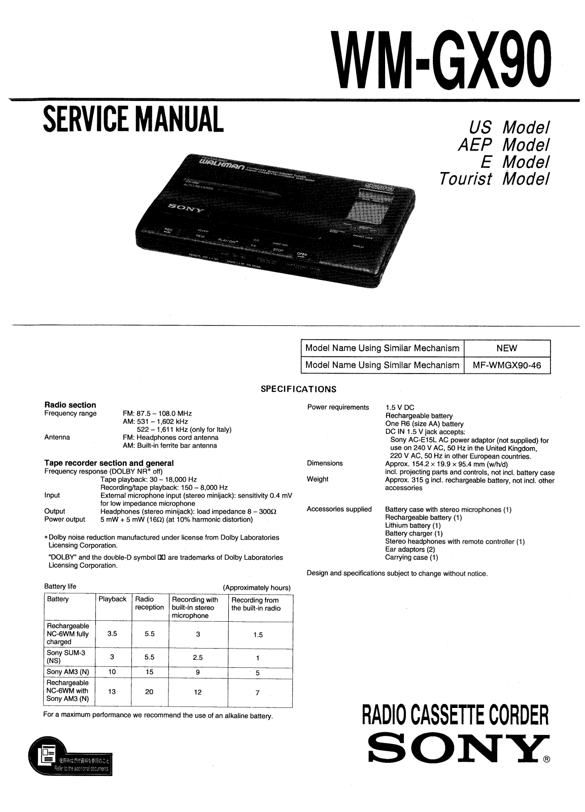 Sony WMGX-90 Service manual