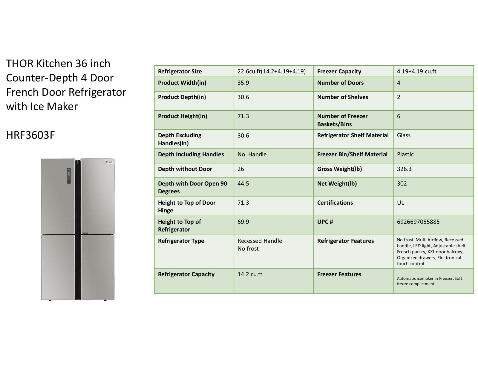 Thor Kitchen HRF3603F Specifications