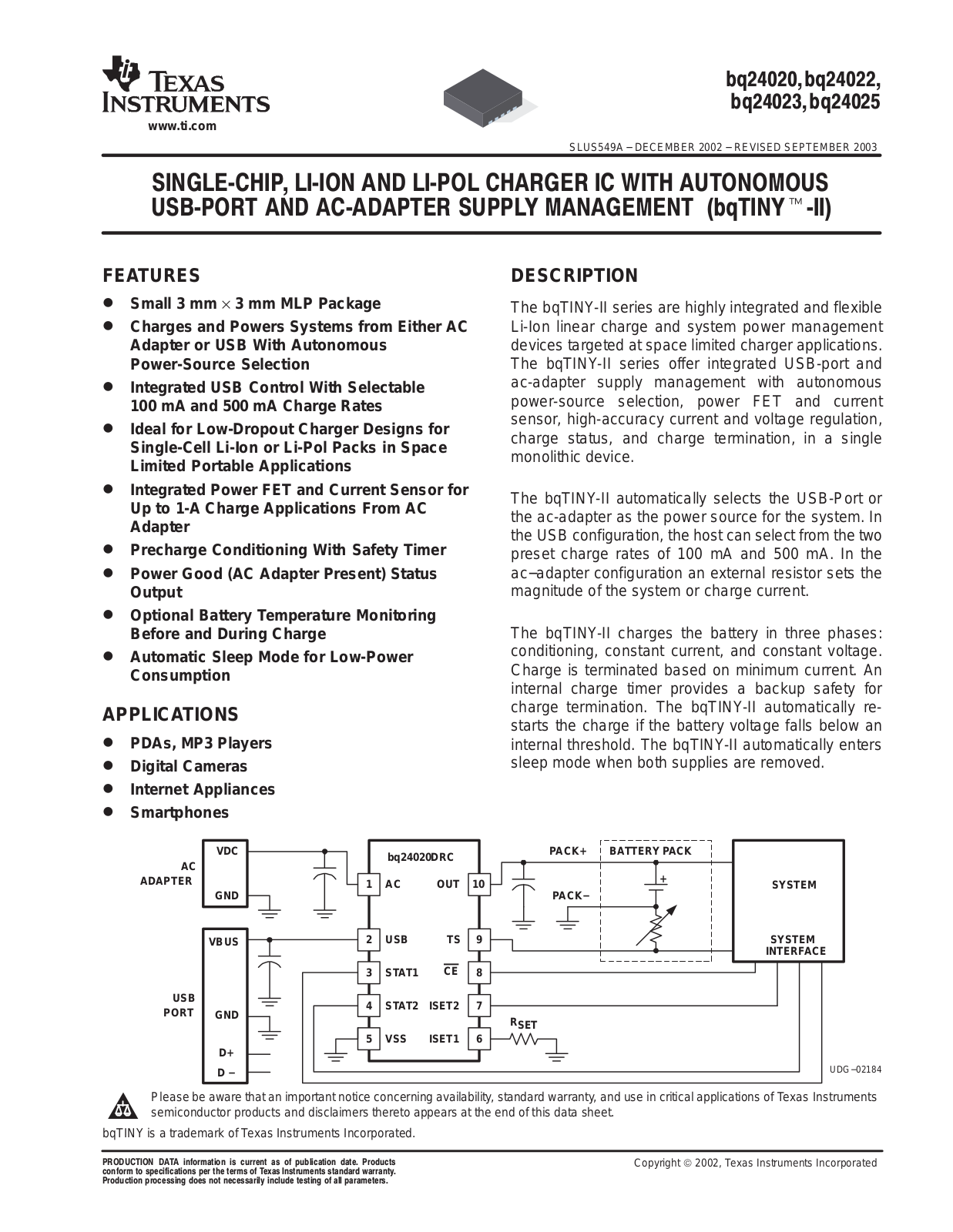 Texas Instruments bq24020, bq24022, bq24023, bq24025 Schematic