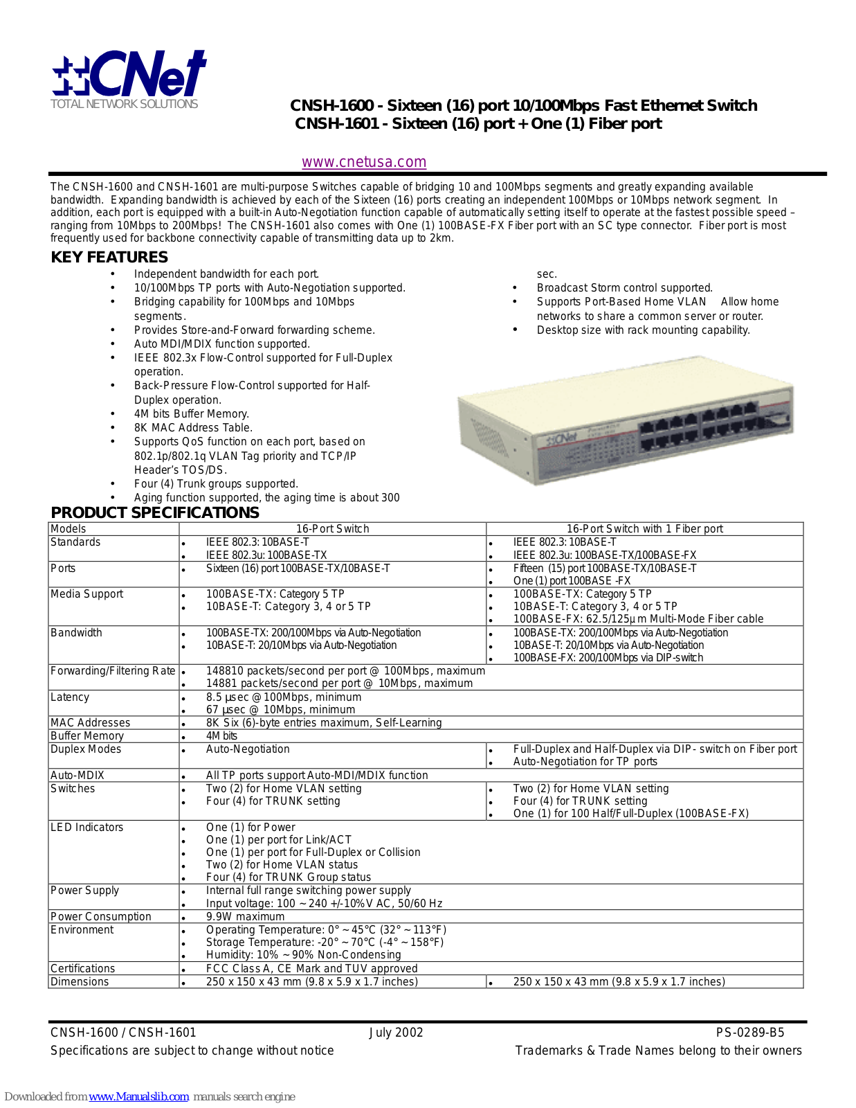 CNET CNSH-1600, CNSH-1601 Product Specifications - ManualMachine.com