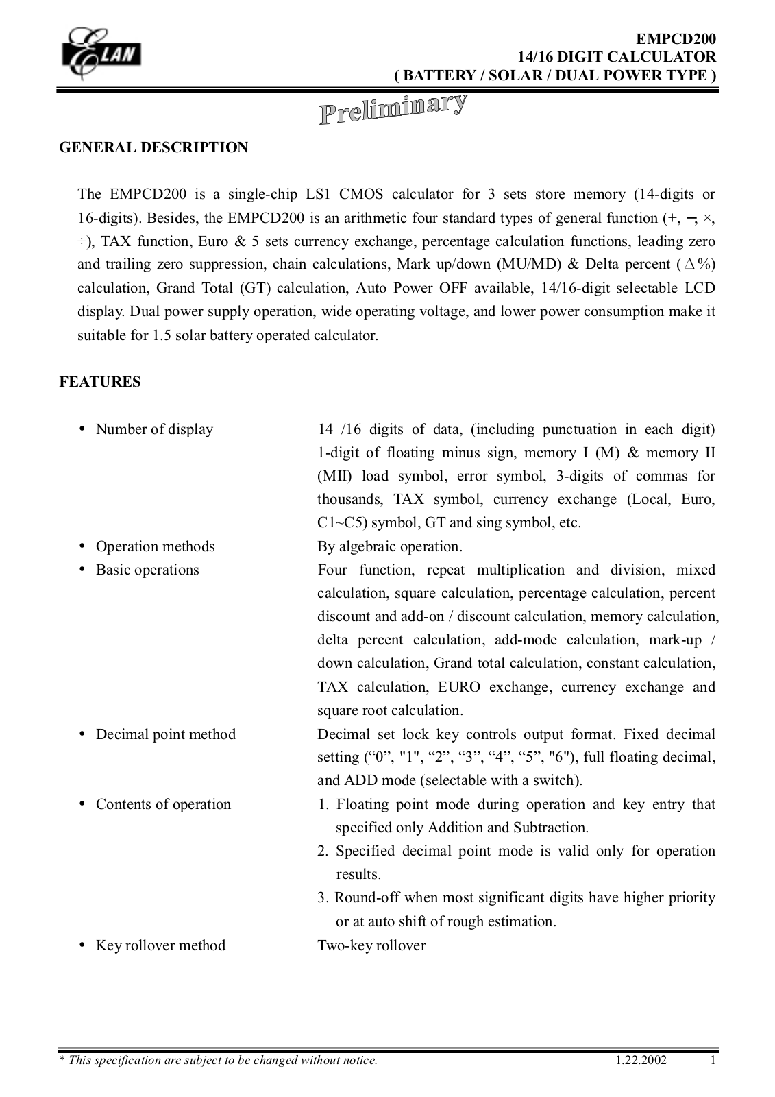 ELAN EMPCD200 Datasheet