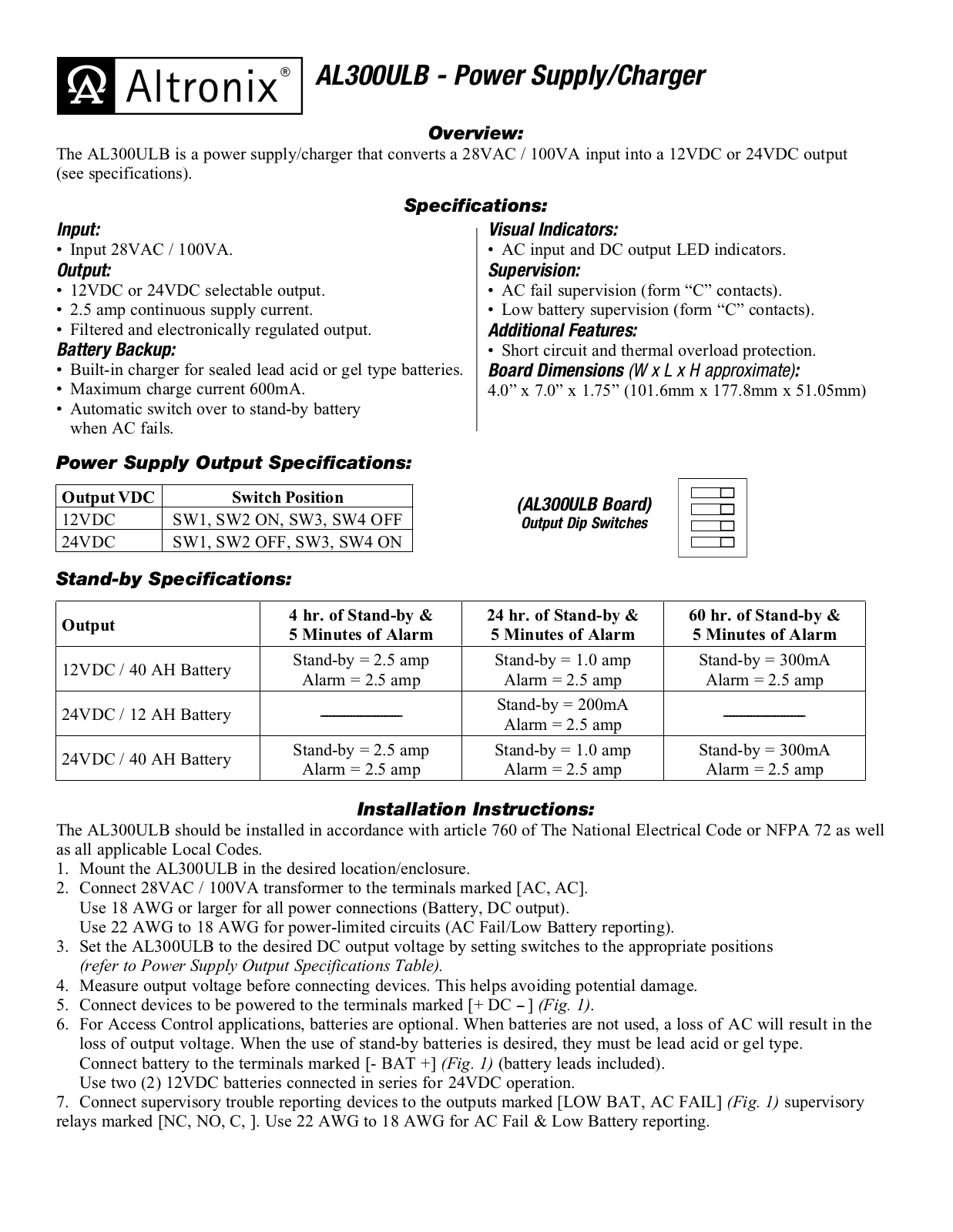 Altronix AL300ULB Installation Instructions