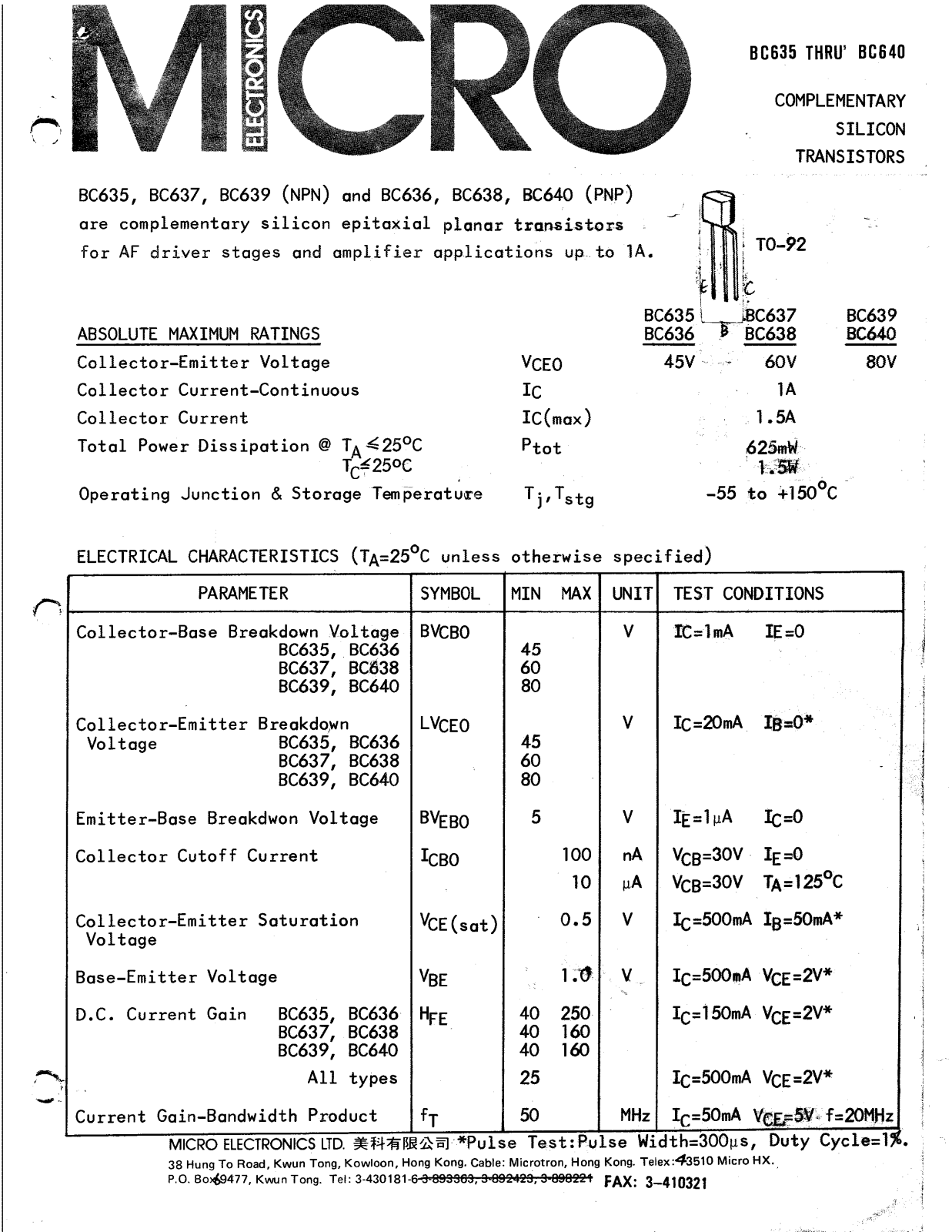 ME BC640, BC638, BC637, BC639, BC635 Datasheet