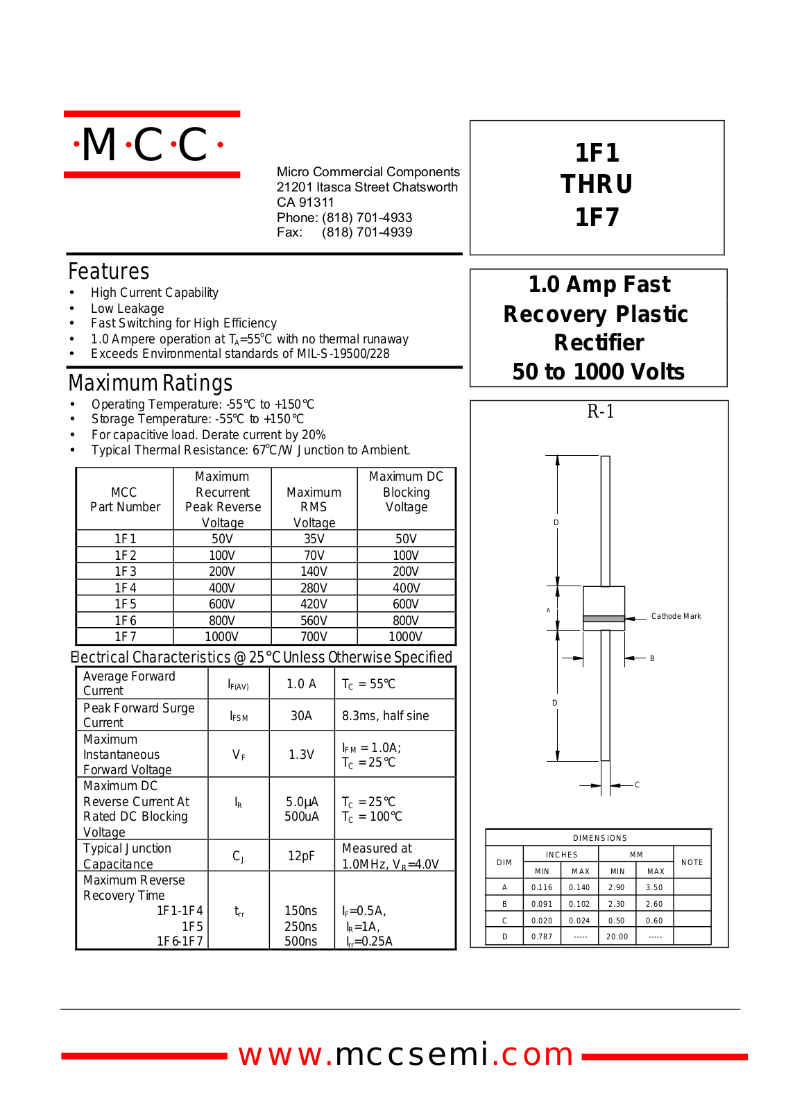 MCC 1F7, 1F6, 1F5, 1F4, 1F3 Datasheet