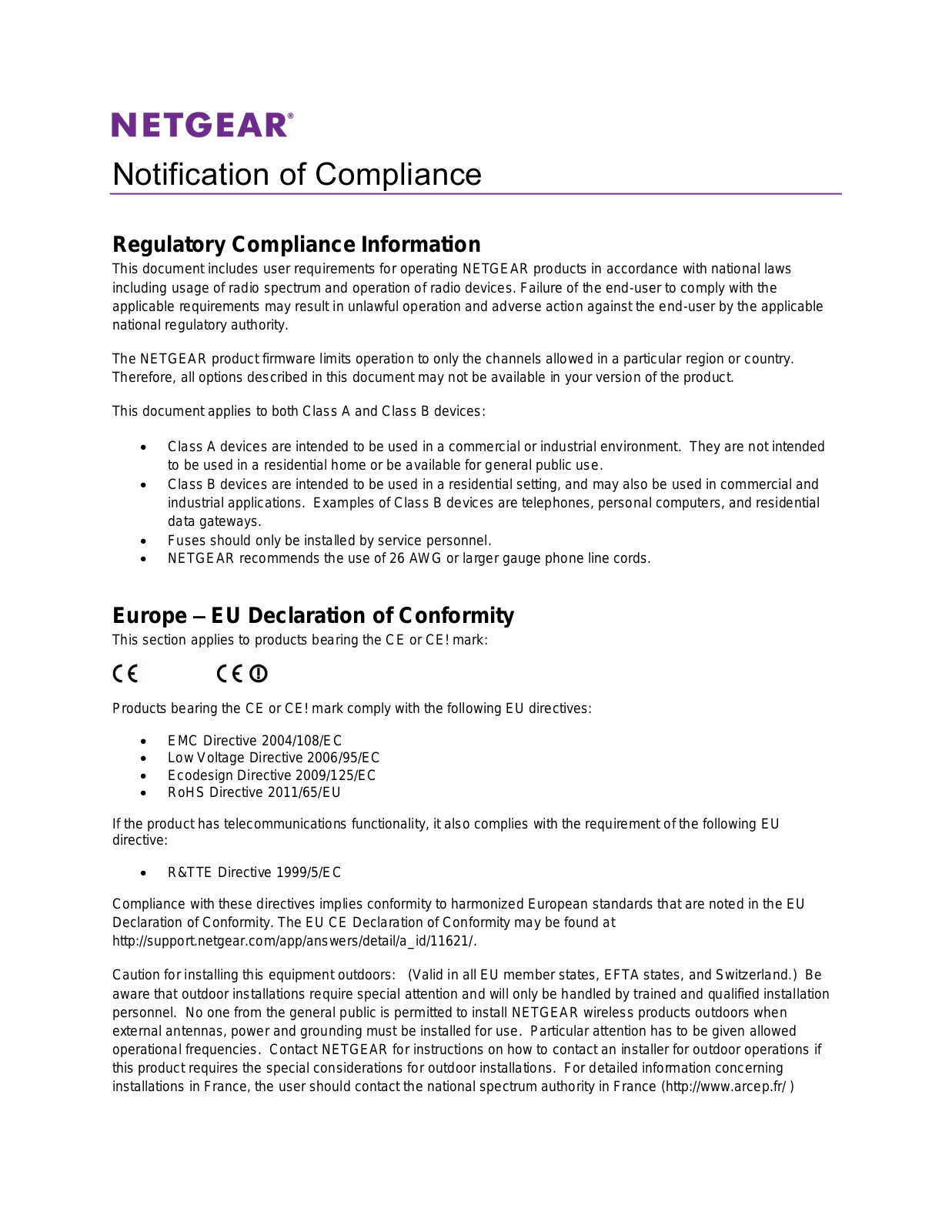 Netgear orporated AC810S User warning statement