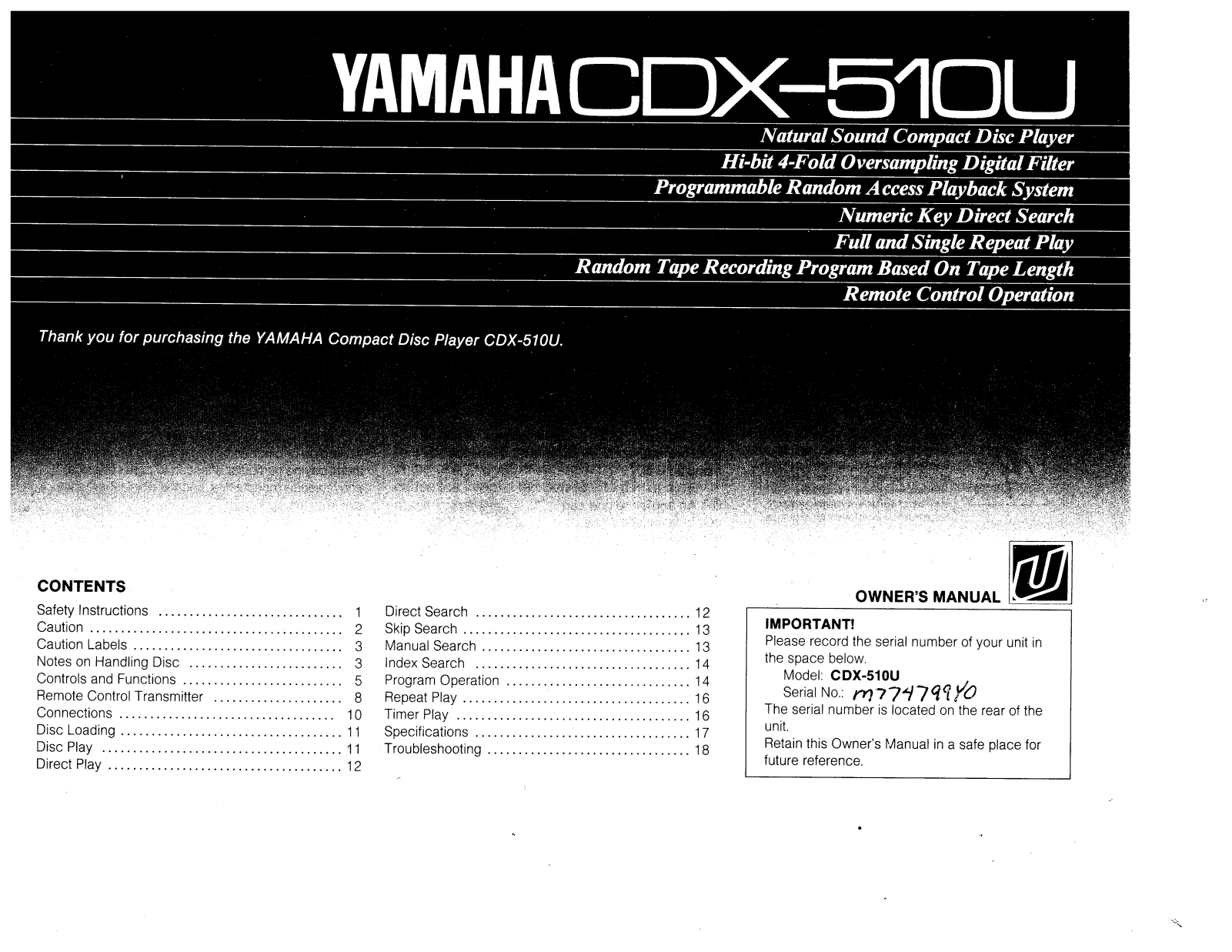 Yamaha CDX-510-U Owners manual