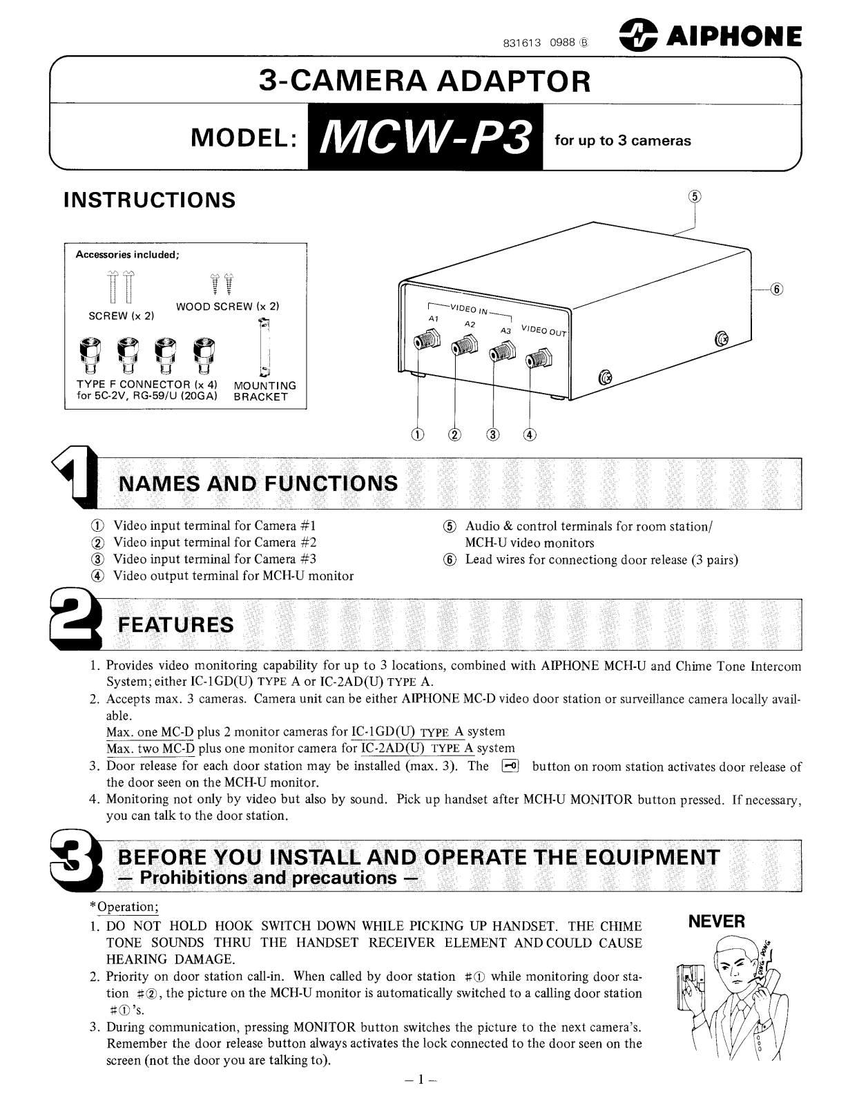 Aiphone MCW-P3 INSTALLATION INSTRUCTIONS