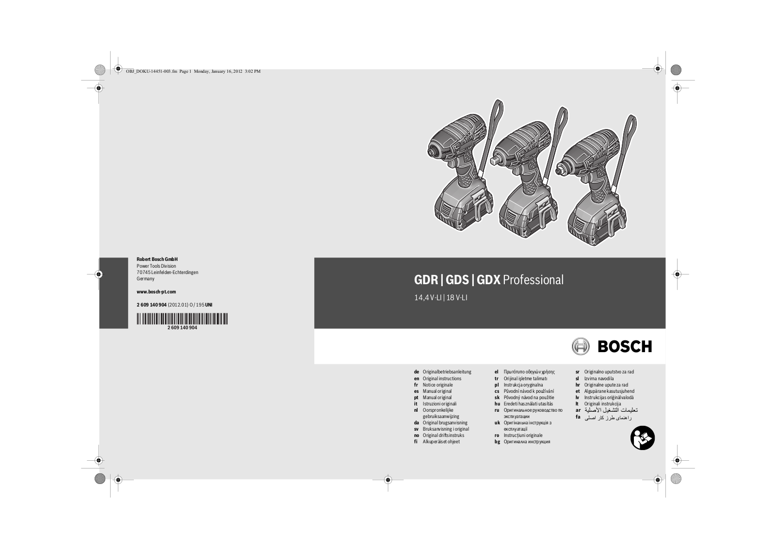 Bosch GDR 14.4 V-LI Professional, GDR 18 V-LI Professional, GDS 14.4 V-LI Professional, GDS 18 V-LI Professional, GDX 14.4 V-LI Professional User guide