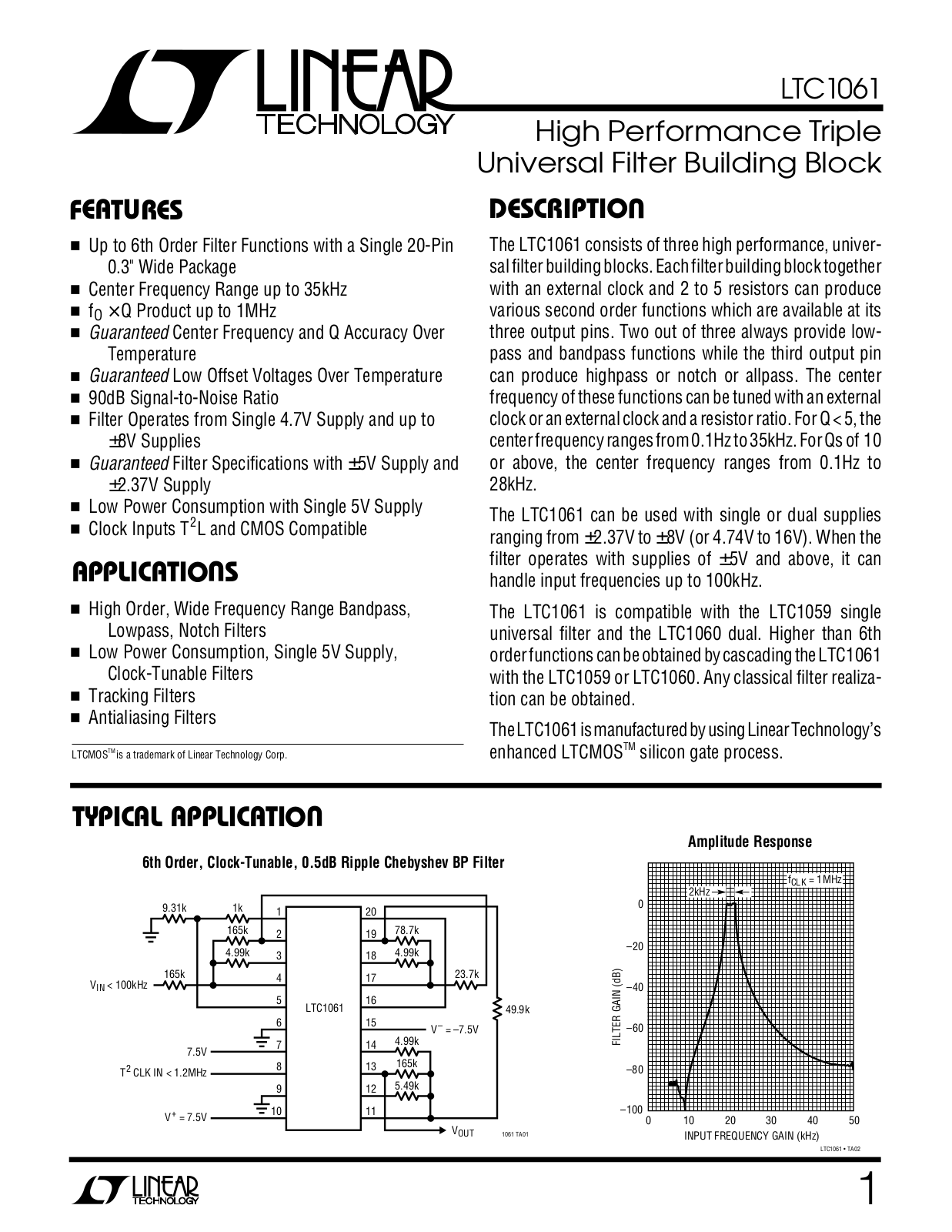 Linear Technology LTC1061MJ, LTC1061AMJ, LTC1061ACN, LTC1061ACJ, LTC1061 Datasheet