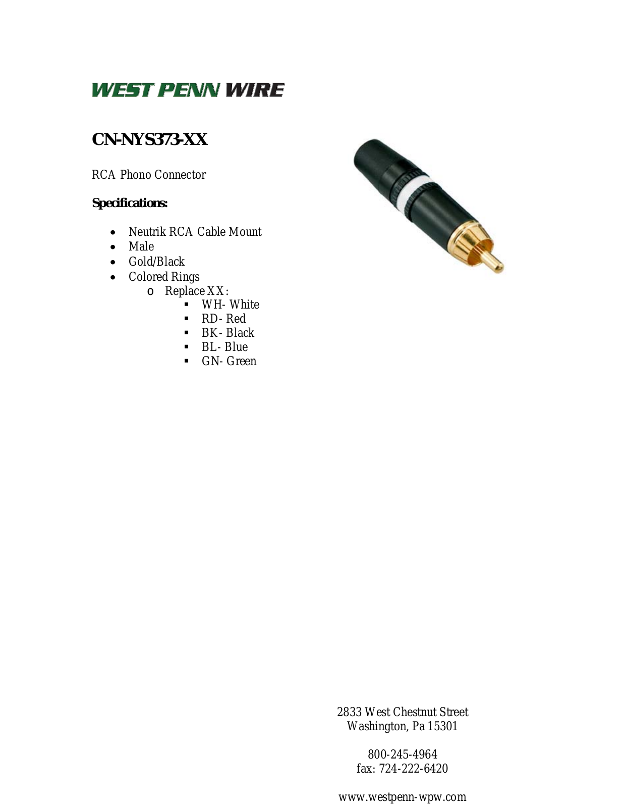 West Penn CN-NYS373-BK, CN-NYS373-BL, CN-NYS373-GN, CN-NYS373-RD, CN-NYS373-WH Specsheet