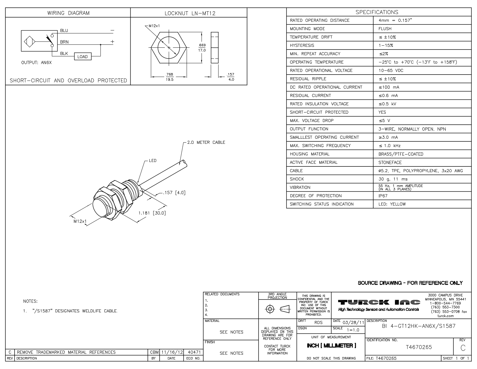 Turck BI4-GT12HK-AN6X/S1587 Data Sheet