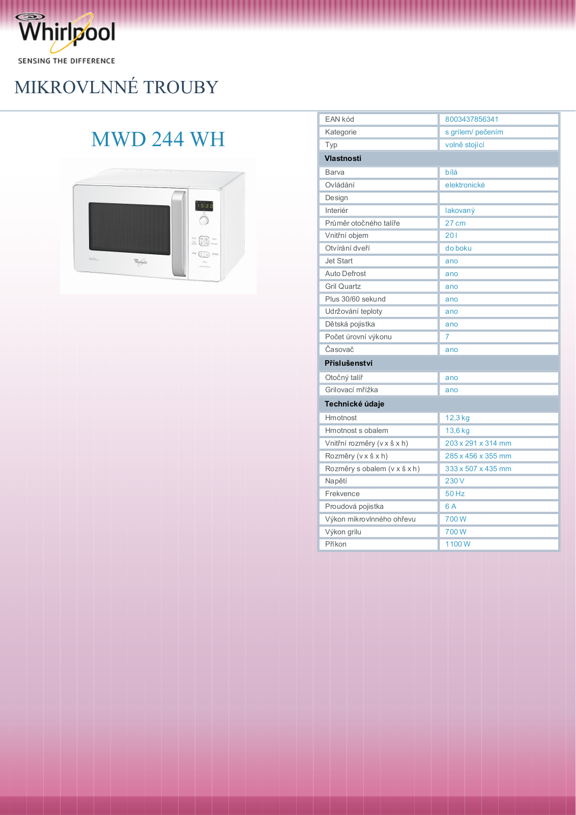 Whirlpool Dessert MWD 244 WH User Manual